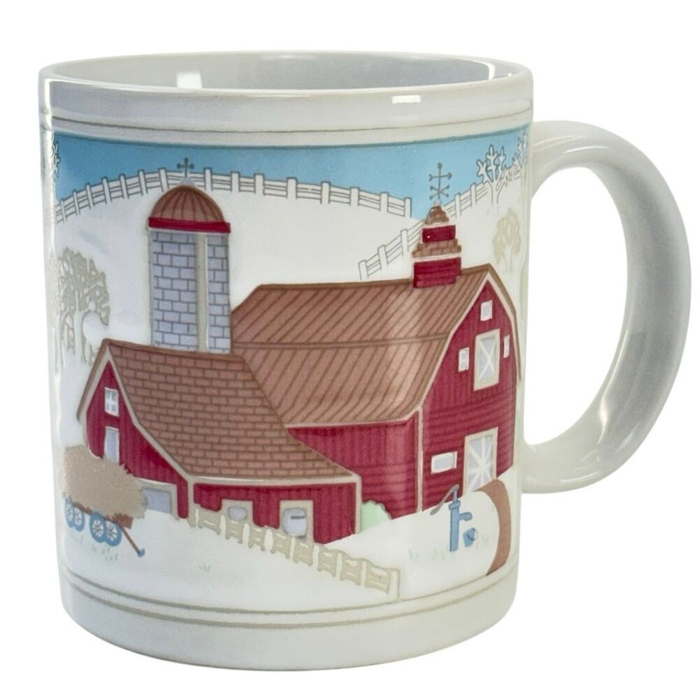 80s Curtis Swann Otagiri Japan Farmhouse Winter Raised Ceramic Coffee Mug